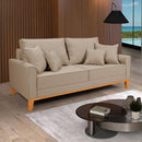 Sofá Living Beny 3 Lugares Linho Bege Fixo Sala Base Madeira